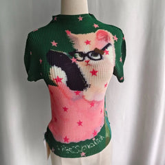 Star Cat Print High Collar Short Sleeve Top