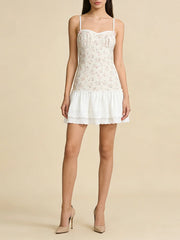 White Floral Print Cami Ruffled Lace Hem Mini Dress