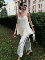 White Lace Printed Strap Long Top