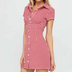 Plaid Short Sleeve Button Mini Dress