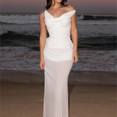 Off Shoulder Draped Corset Mesh Maxi Dress