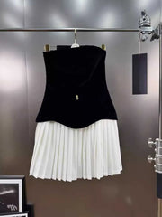 Black Velvet Strapless White Pleated Mini Dress
