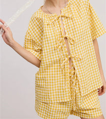 Yellow Short Sleeve O-Neck Tie Front Plaid Top And Shorts Set