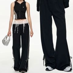 Black Bow Ribbon Lace High Waist Joggers