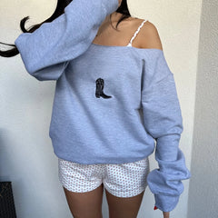 Embroidery Off Shoulder Long Sleeve Pullover