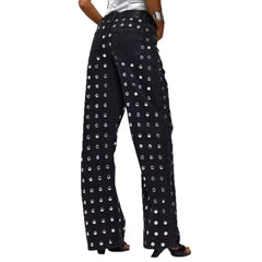 Rivet Decoration Straight High-Waisted Denim Jeans