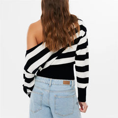 Black Stripe Diagonal Off-Shoulder Crop Knit Top