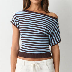Striped Diagonal Off Shoulder Short Sleeve Knit Crop Top
