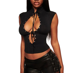 Black High Neck Cutout Rivet Lace Up Cap Sleeve Top