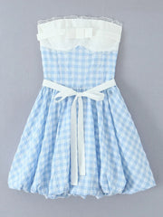 Blue Bow Plaid Short Dress
