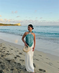 Blue Tie Dye Halter Deep Neck Top