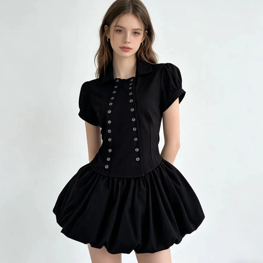 Black Short Sleeve Buttoned Shirt And Short Skirt Set