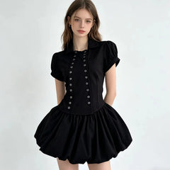Black Short Sleeve Buttoned Shirt And Short Skirt Set