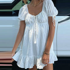 White Puff Sleeve Square Collar Babydoll Mini Dress