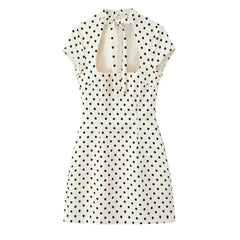 Short Sleeve Lace Up Cut Out Collar Polka Dot Mini Dress