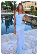 Off Shoulder Draped Corset Mesh Maxi Dress