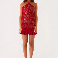 Sequin Beaded Halter Strap Mini Dress