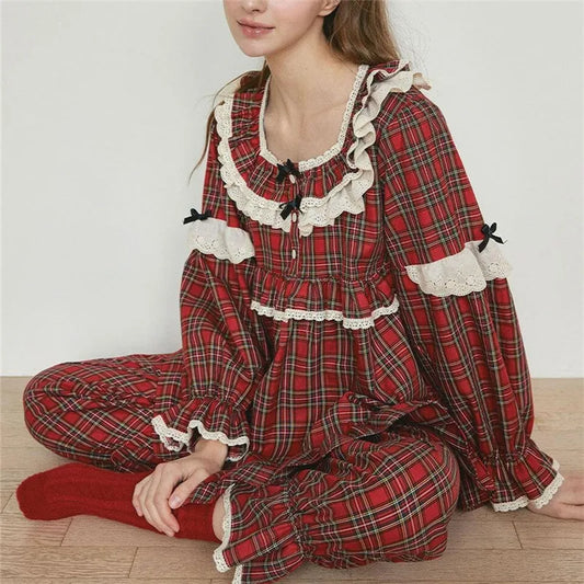 Gingham Long Sleeve Babydoll Top and Wide Leg Pants Lounge Set