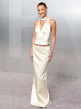 Satin Solid Halter Top And Maxi Skirt Set