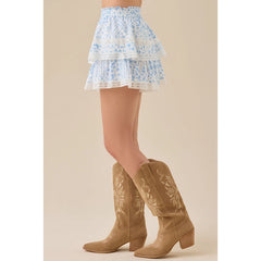 Floral Lace Hem Ruffle Tiered Short Mini A-line Skirt