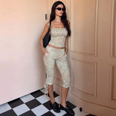 Dalmatian Print Spaghetti Strap Tank Top And Ruched Cropped Pants Set