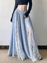 Blue Lace Patchwork Plaid Long Skirt
