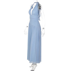 Blue Halter Deep V Neck Tie Up Ruched Waist Maxi Dress