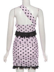 Pink Ruffled Hem Polka Dot Crop Top And Ruched Mini Skirt Set