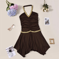 Brown Halter Gold Stripe Patchwork Mini Dress