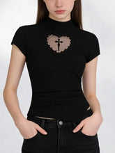 Black Heart Mesh Patchwork Short Sleeve Top