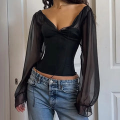 Black Chiffon Long Sleeve Sheer Top