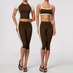 Two-Tone Contrast Seam Crop Top And Capri Leggings Set
