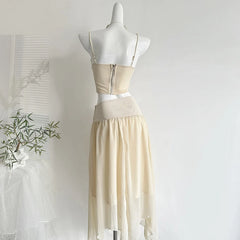 Rhinestone Patchwork Mesh Crop Top And Midi Skirt Set