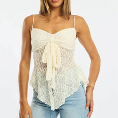 Sweetheart Neck Bow Front Spaghetti Strap Sheer Top