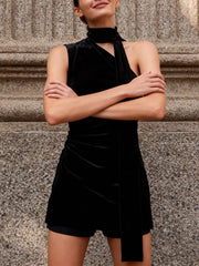 Black Velvet Diagonal Collar Mini Dress with Ribbon