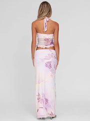 Mesh Print Halter Tank Top And Maxi Skirt Set