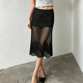 Black Lace Embroidered Sheer Midi Skirt