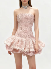 Embroidery StraplessPleated Flare Mini Dress