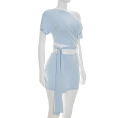 Slanted Tie Up Top And Mini Skirt Set