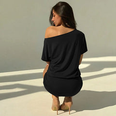 Button Applique Diagonal Collar Short Sleeve T-shirt Dress