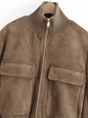 Faux Suede Stand Collar Zip Up Bomber Jacket