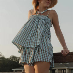 Gingham Plaid Peplum Babydoll Cami Top And Shorts Set