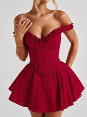 Red Off Sholder Ruffles Mini Dress