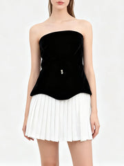 Black Velvet Strapless White Pleated Mini Dress