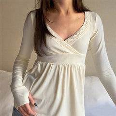 Peplum V-Neck Lace Trim Long Sleeve Top