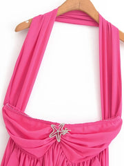 Pink Halter Ribbon Ruffles Frill Midi Dress