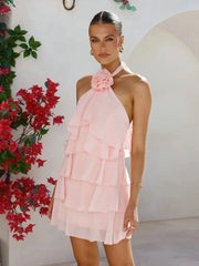 3D Flowers Ruffled Halter Tiered Mini Dress