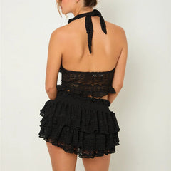 Women's lace tie-up halter neck top and elastic waist mini skort set.