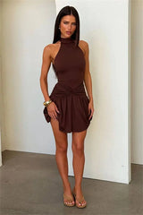 Halter Sleeveless Twist Ruched Waist Mini Dress
