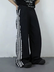 Black Striped Sweatpants with Lace Patchwork